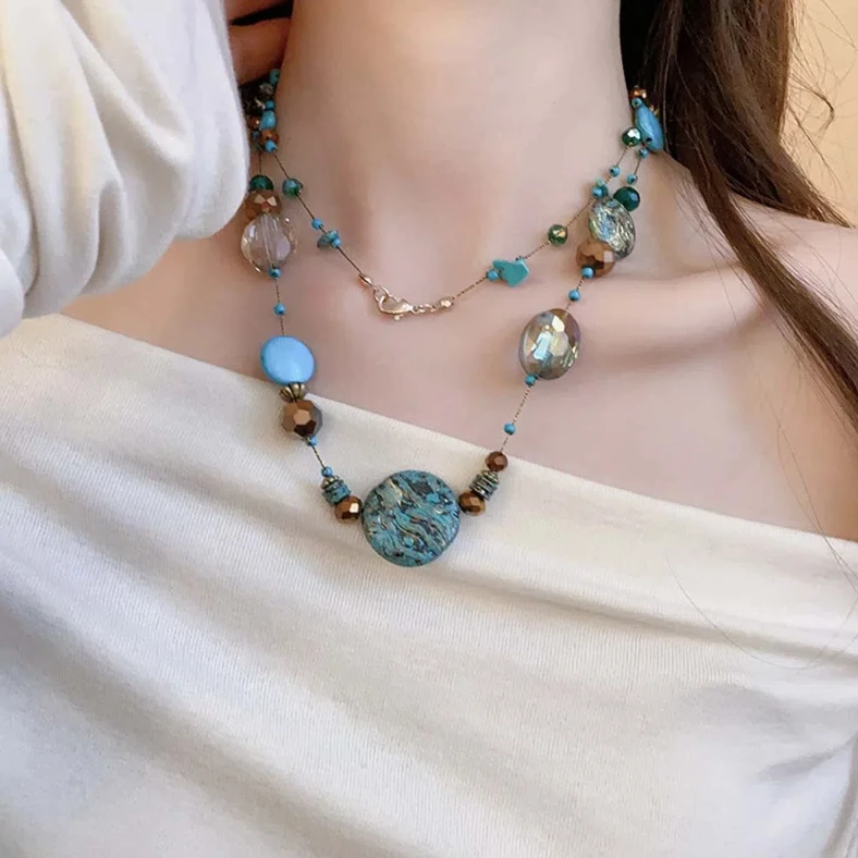 Beach Clavicle Chain Multilayer Turquoise Necklace Bohemian Style Layered String Western Country Necklace Jewelry Accessories