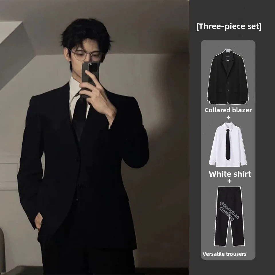 Shoulder Padded Men's Suit Jacket College Style Spring Autumn Student High End Feeling Small Western Suit DK Uniform Set Clas...