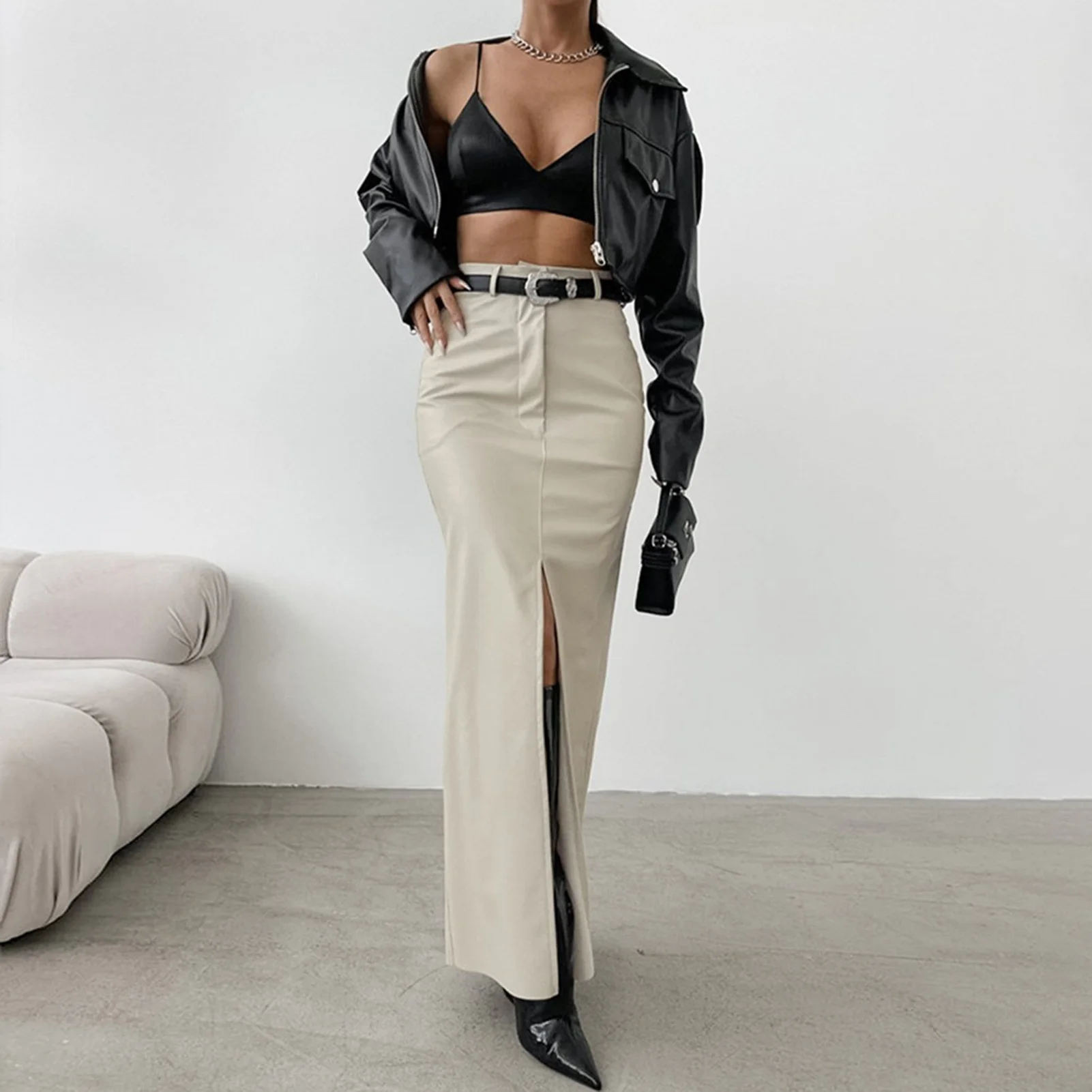 

Офисная женская элегантная уличная одежда, женская юбка-миди из искусственной кожи, осенне-зимняя женская юбка-карандаш с разрезом спереди или спереди