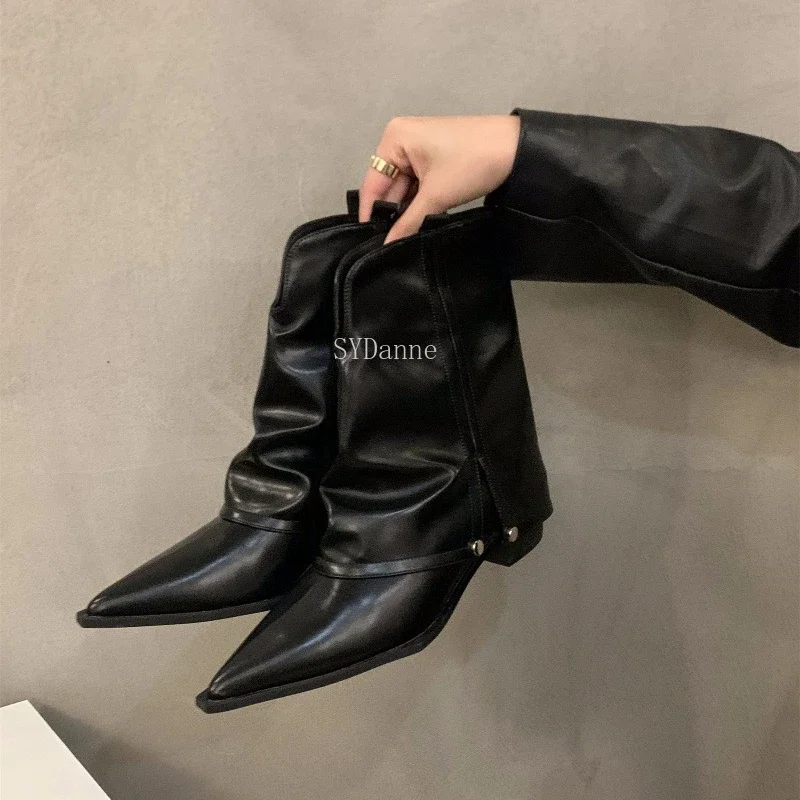 2024 New Spring Autumn Chunky Heel Pointed Toe Boots Short Boots Women\'s Shoes Brown Cowboy Boots Goth Shoes Ladies Shoes