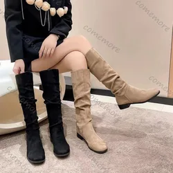 New Women's Boots Low-heeled Nude Pleated Suede High Boots Khaki Black Long Boots Large-size Round-toe Fashionable Boots Ladies