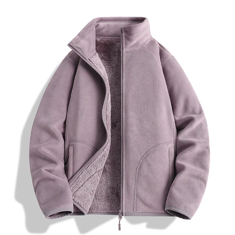 Herbstliche, leichte, beidseitig gefütterte Fleecejacke, Unisex, mit Stehkragen, dick, warm, mit flauschigem Innenfutter, Herren- und Damenmodell, thermische Oberbekleidung. – Detail 9