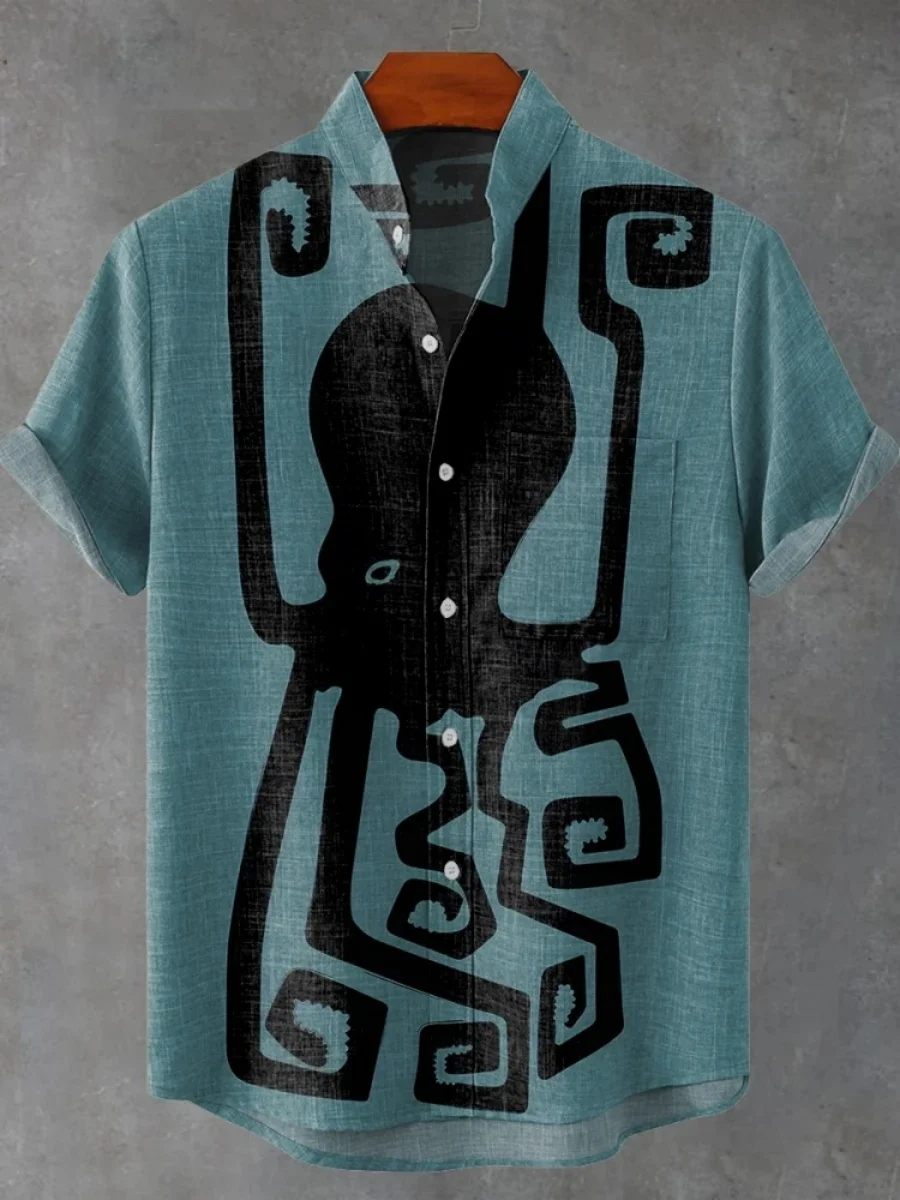 Men's Casual Fashion Linen Shirts Short Sleeve Top Art Print Hawaiian Shirt 2025 Senior Social Shirt Chalas Hombre Verano