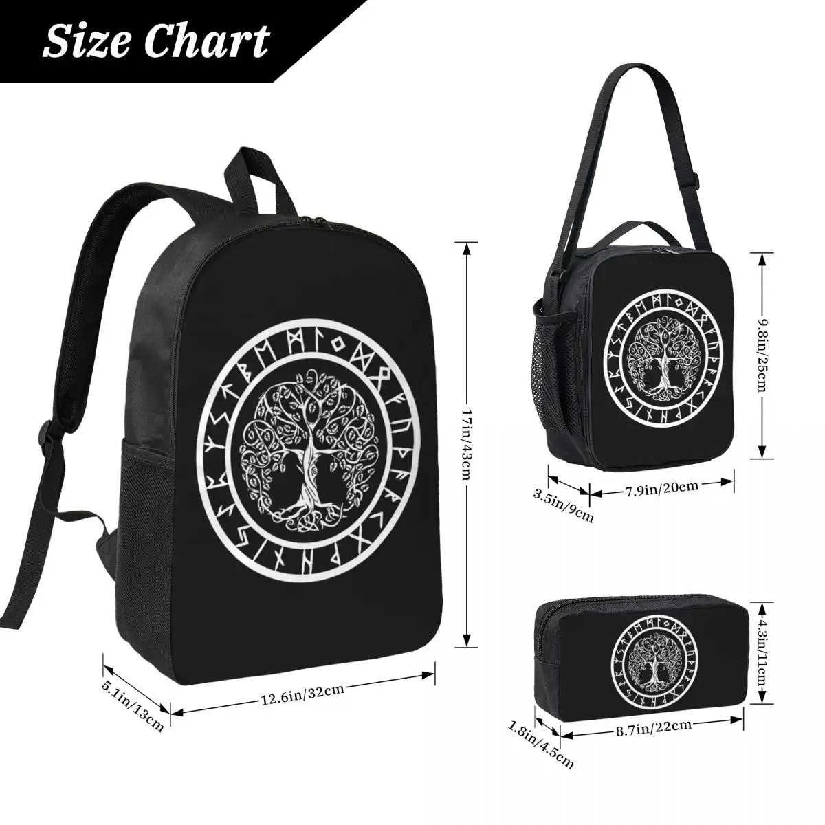 Nordic Viking Scandinavn Odin Symbol Backpack BookBag School Bag Computer Shoulder Bags 3ps Insulated Lunch Bag Pencil Case