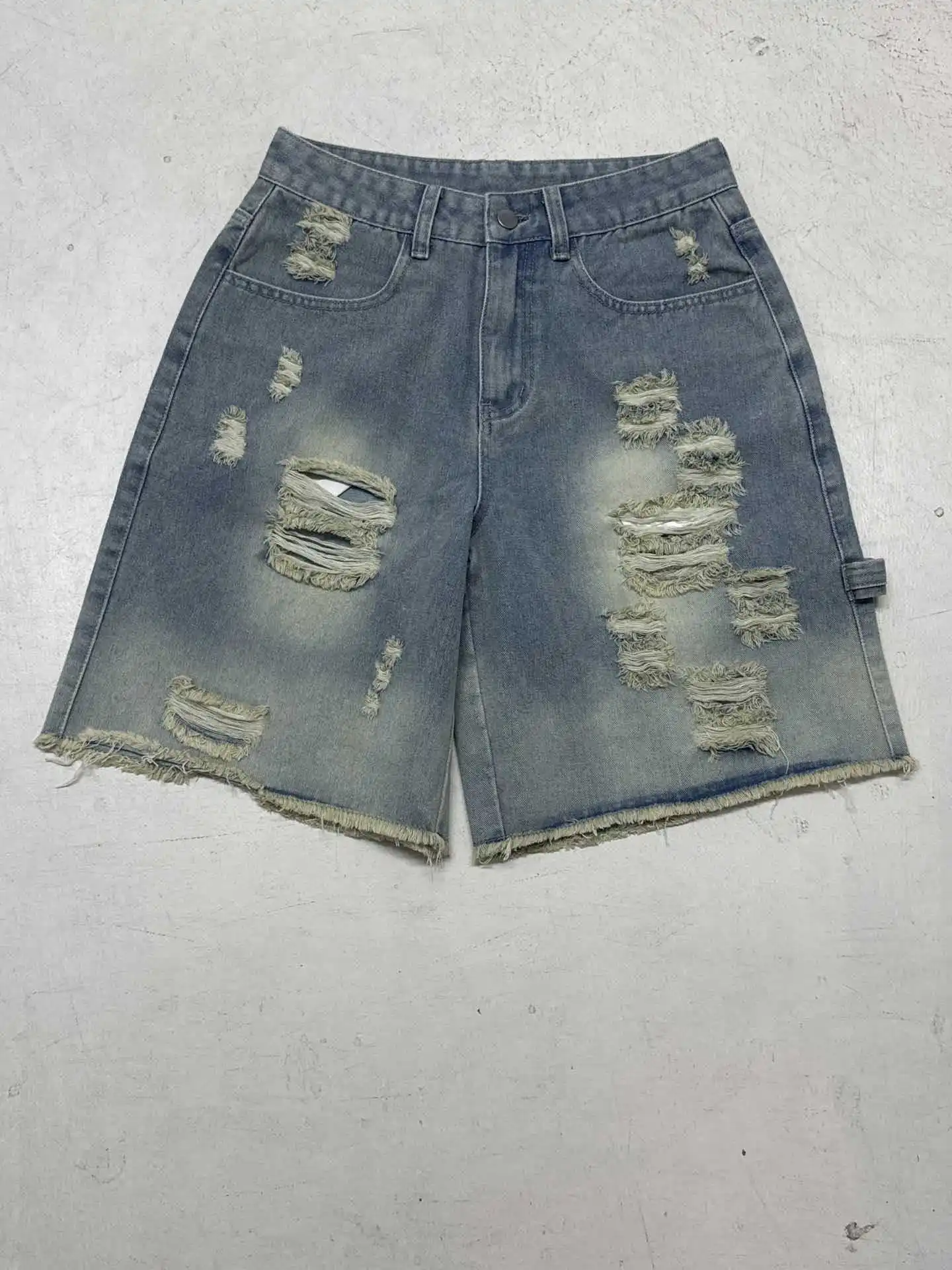 American Street Retro Old Ripped Straight Denim Jeans High Waist Casual Rough Edge Wide Leg Five-point Pants Baggy Jeans