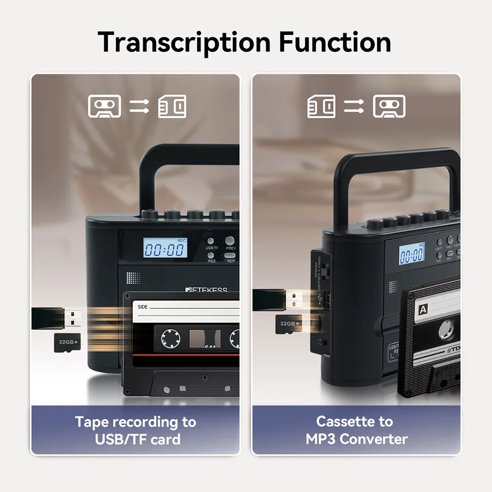 Retekess TR641 Radio AM FM Radio Portable Vintage Cassette Radio Transcription Function Dual power Supply Speaker Recording