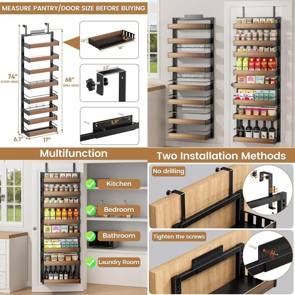 

8-уровневый органайзер для кладовой над дверью, 2-в-1: настенная или подвесная полка для специй с регулируемыми корзинами, сзади