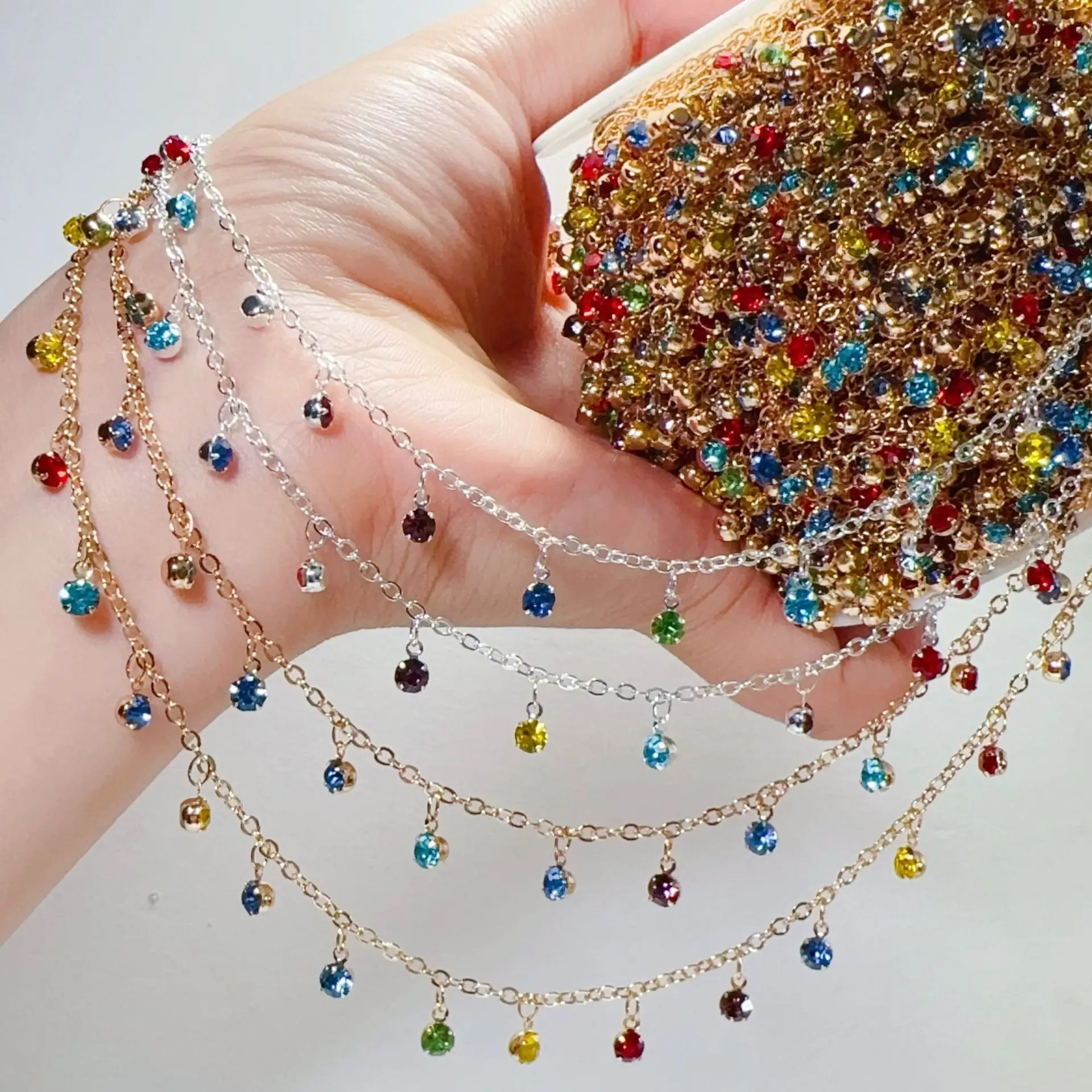0.5/1/2 Meter Dopamine Colored Rhinestones Copper Chain Ancient Style Hair Accessories Costume Tassel Chain DIY Jewelry Making