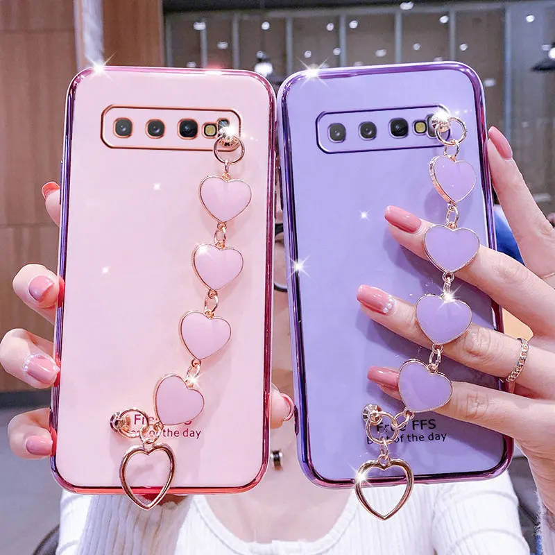 Wrist Bracelet Phone Case For Samsung S10 Plus Case Luxury Heart Chain Plating Cover For Samsung Galaxy S10 Case s10Plus S 10