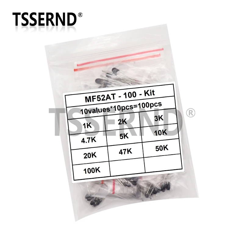 100pcs=10valuesX10pcs NTC Thermistor Resistor Kit  NTC-MF52AT 1K 2K 3K 4.7K 5K 10K 20K 47K 50K 100K 5% 3950B