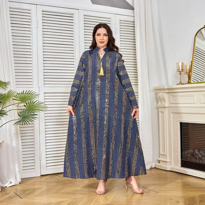 

Африканская мода Ближний Восток женская повседневная модная свободная элегантная полосатая одежда с длинными рукавами до щиколотки Абая женская одежда