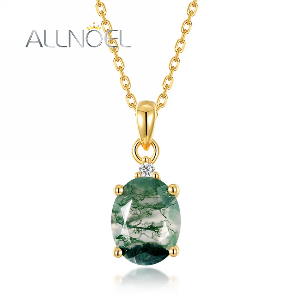 ALLNOEL 925 Sterling Sliver Pendant Necklace for Women Natural 7*9mm Green Moss Agate Unique Gemstone Wedding Fine Jewelry Gifts