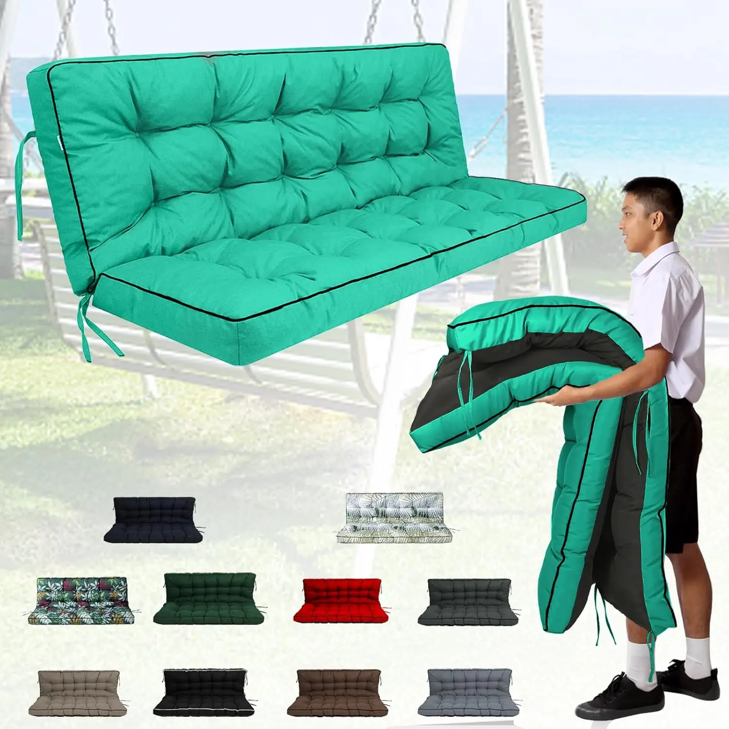 Outdoor Porch Swing Cushion, Thicken Waterproof, Lake Blue, 55x40 inches