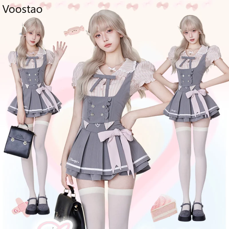 Japanese Kawaii Lolita Style Skirt Set Women Preppy Style Puff Sleeve Striped Shirt Vest Mini Pleated Skirts Suit Sweet Uniform