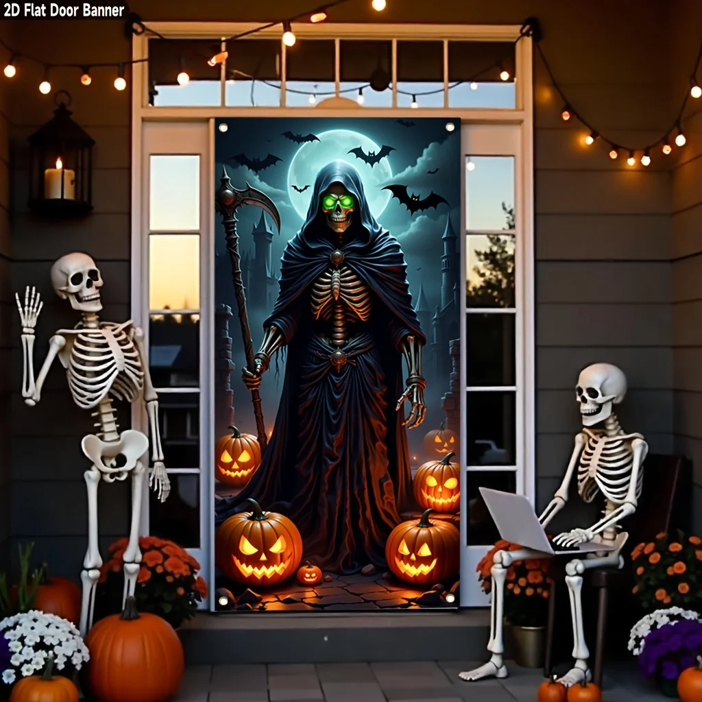 2D-Banner, 1 Stück pro Packung, geeignet für Halloween. Aus Polyester gefertigt, mit einem Totenkopf, einer Kürbis und einer Fledermaus.