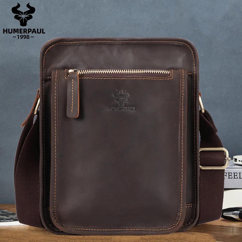 

HUMERPAUL Men's Shoulder Bags Full Grain Leather Casual Crossbody Bags for Cell Phone Large Capacity Male Messenger Handbag