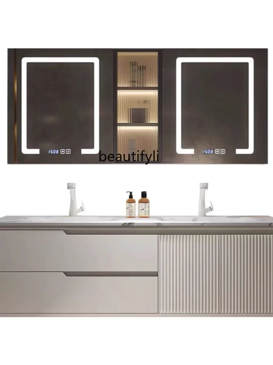 

NQ Stone Plate Hot Bending Integrated Double Basin Bathroom Cabinet Bathroom Table Oak Washbasin Cabinet