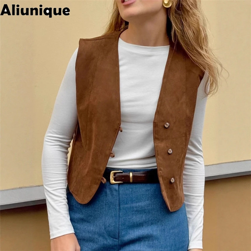 2026 Fall Retro Suede Vest Women's Fashion V-neck Single-breasted Sleeveless Waistcoat New Casual Commuter Lady Vests Tops