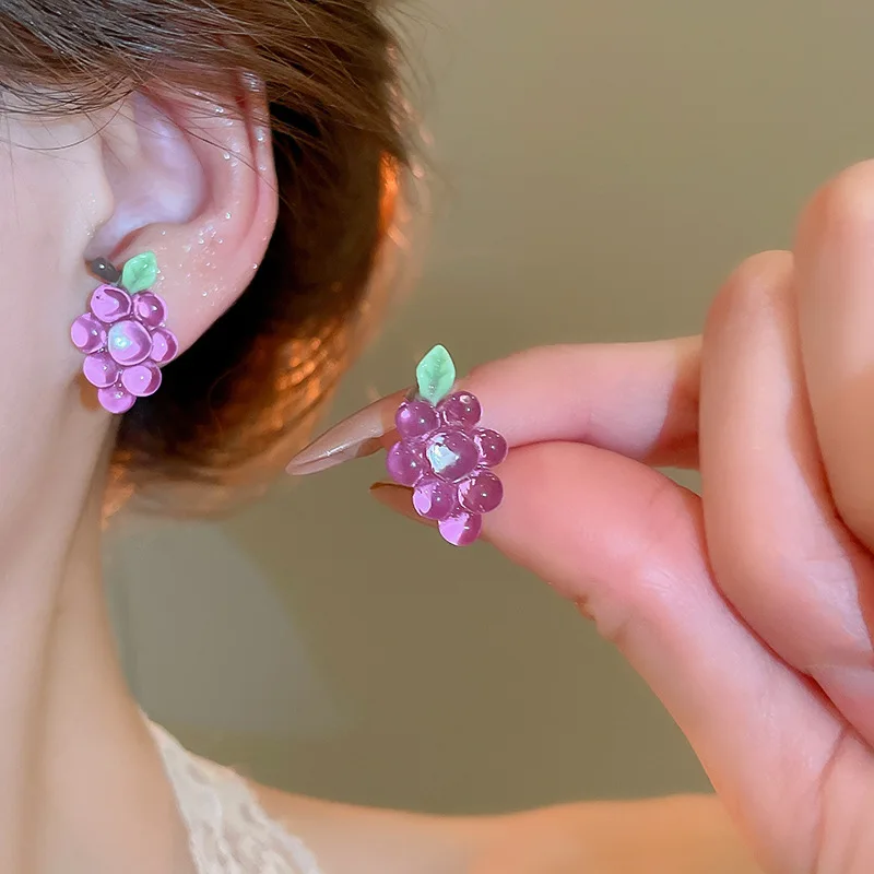 Simulated Jelly Succulent Grape Stud Earrings for Women Forest-style Fresh Resin Earring Versatile Fashion Jewelry Daily Wear B