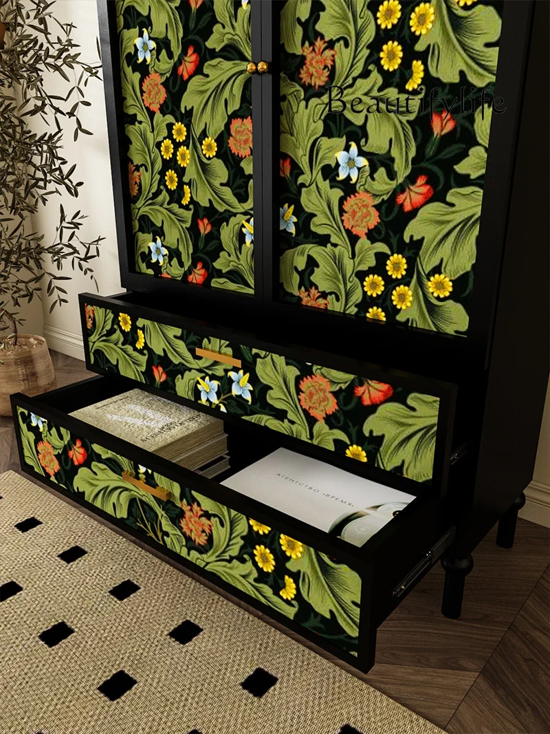 American retro solid wood wardrobe storage painting home living room multi-functional integrated decoration against the wall des