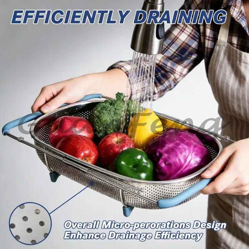 Retractable Stainless‑Steel Oval Sink Colander Basket, Rubber Grip Handle Vegetable Draining Storage Rack