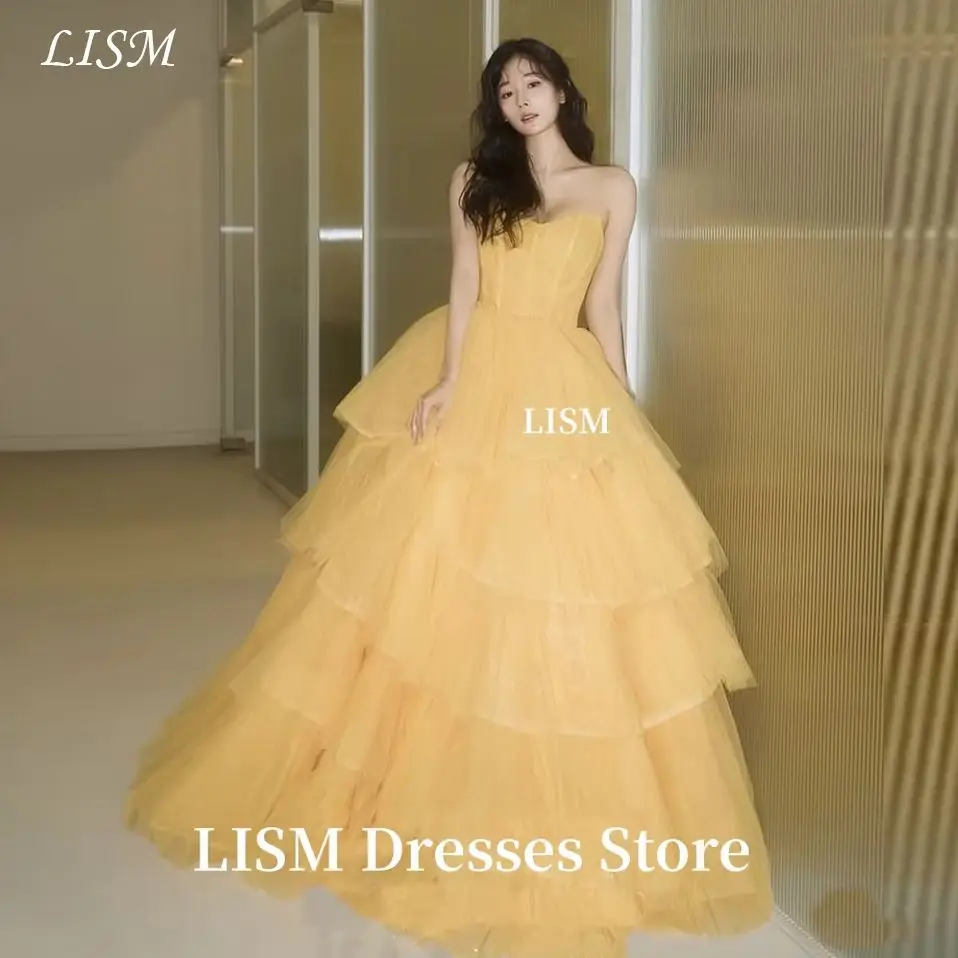 LISM Yellow Tulle Evening Dresses Korea Photo Shoot Tiered Dress Strapless Elegant Prom Dresses 웨딩드레스 Customized Corsets
