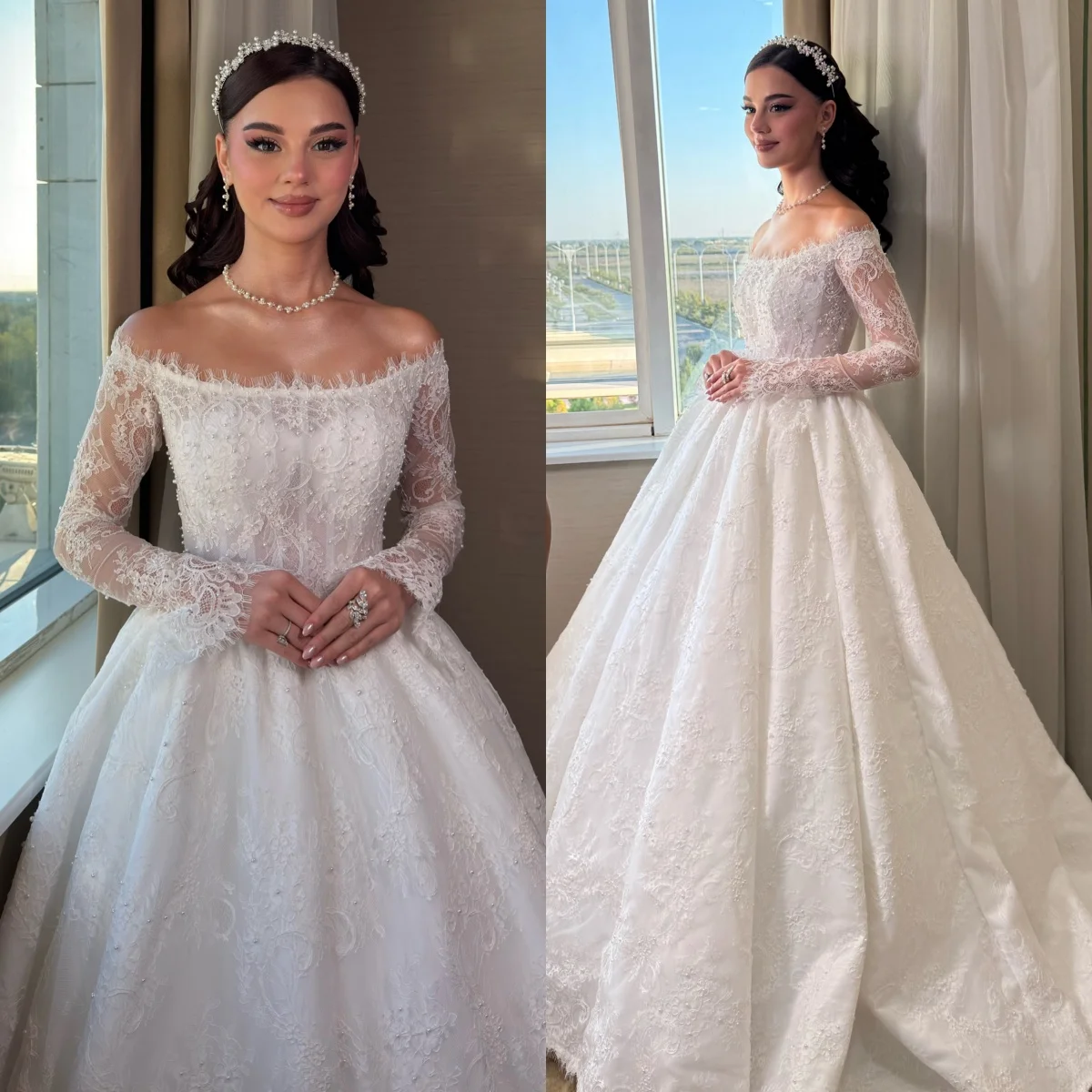 Custom Elegant Off Shoulder Long Sleeve Wedding Dress A-line Lace Pearl Ball Dress Garden Wedding Decal Decoration Bride Dress
