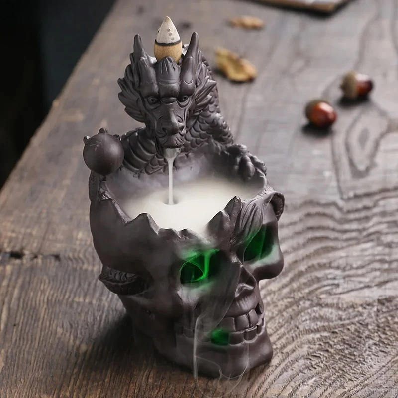 Statue de crâne de dragon, décoration d'intérieur, cadeaux fantaisie, brûleur d'encens à refoulement en forme de crâne, cadeau créatif d'aromathérapie pour la maison - Sans encens