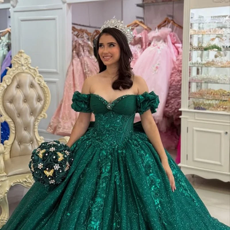 

Customized Shiny blackish green Quinceanera Dresses Off the Shoulder sequin applique Long tail Bow Vestido 15 Quinceanera
