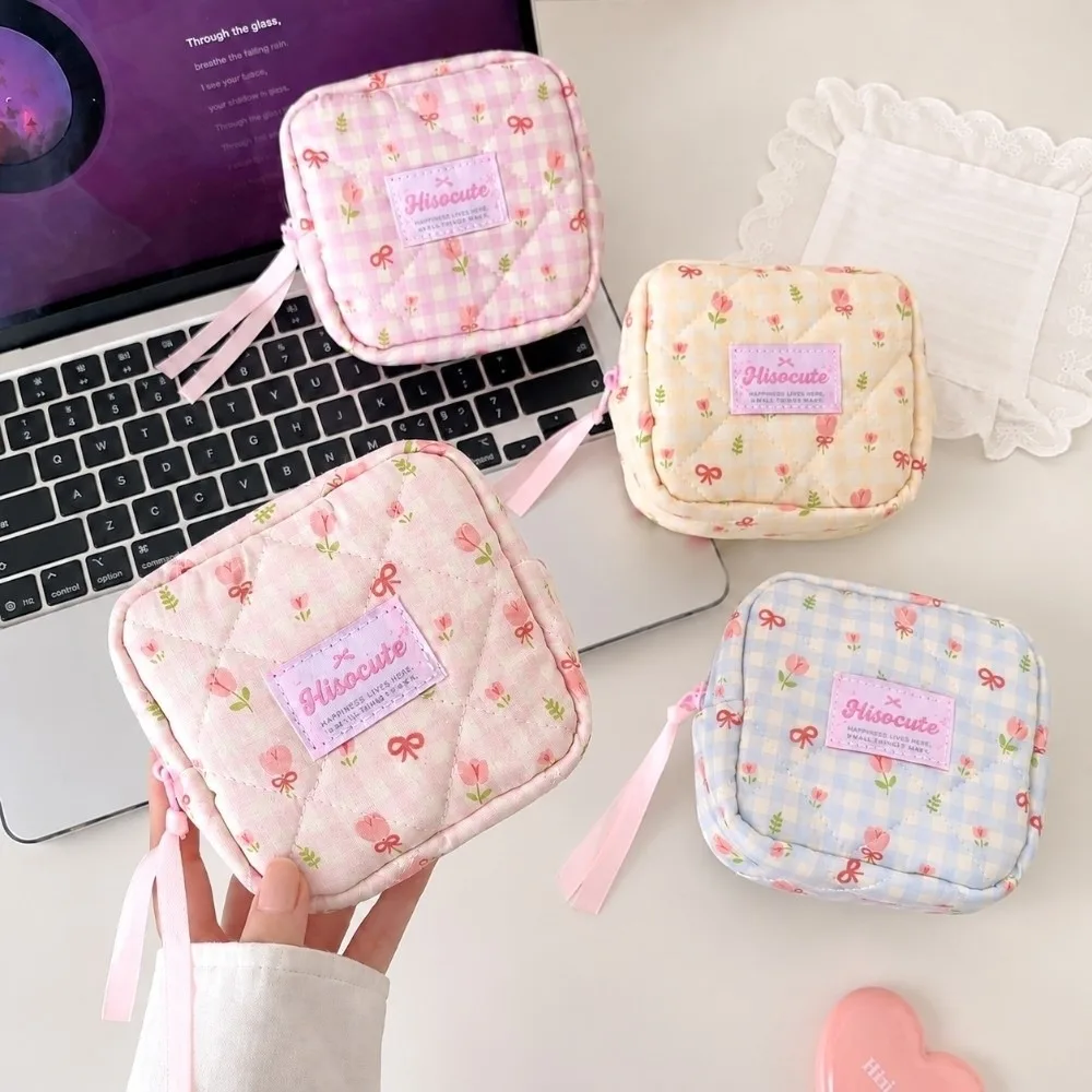 New Quilted Square Cosmetic Bag Floral Print Ribbon Bow Decor Coin Purse Portable Zipper Closure Plaid Makeup Pouch Daily Use