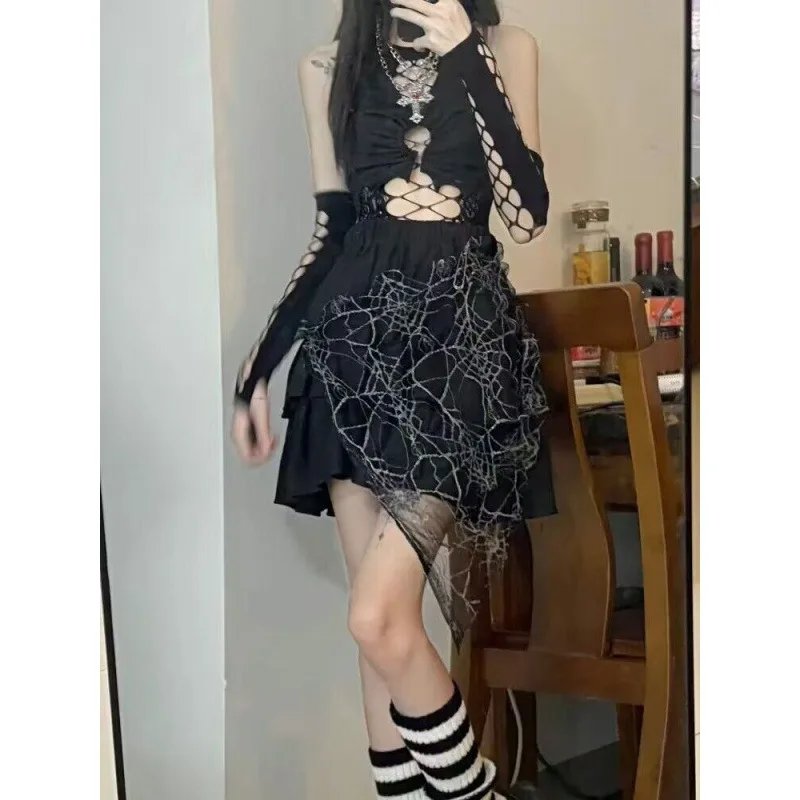 

Spicy Girl Harajuku Punk Dark Gothic Abi Spider Web Pin Half Skirt