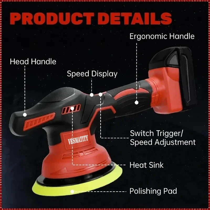 VES Cordless Polisher 8 Gears Digital Display Electric Polisher Auto Car Waxing Polishing Machine For Fit Milwaukee 18V Battery view 2