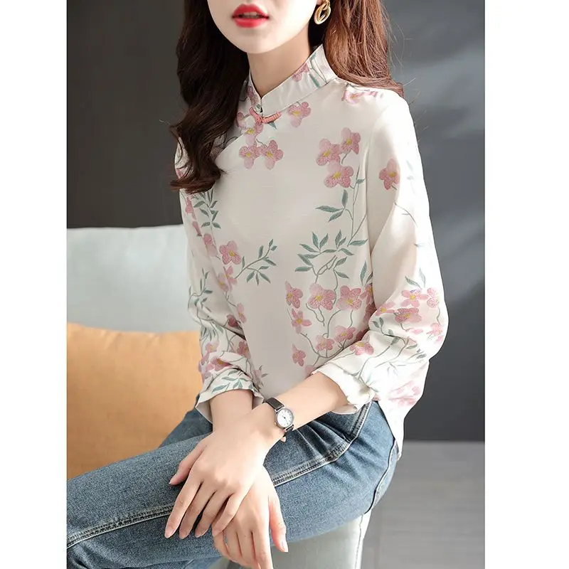 Vintage Printing Button Patchwork Chinese Style Skinny Half High Collar Shirts Casual Women\'s Clothing 2022 Spring Autumn Thin