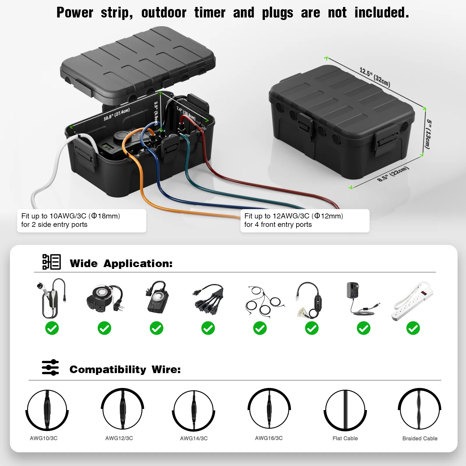 Restmo 1 قطعة صندوق كهربائي كبير خارجي مقاوم للماء مع 6 قطعة حجم صغير حامي سلك تمديد خارجي لشريط الطاقة/التوصيل
