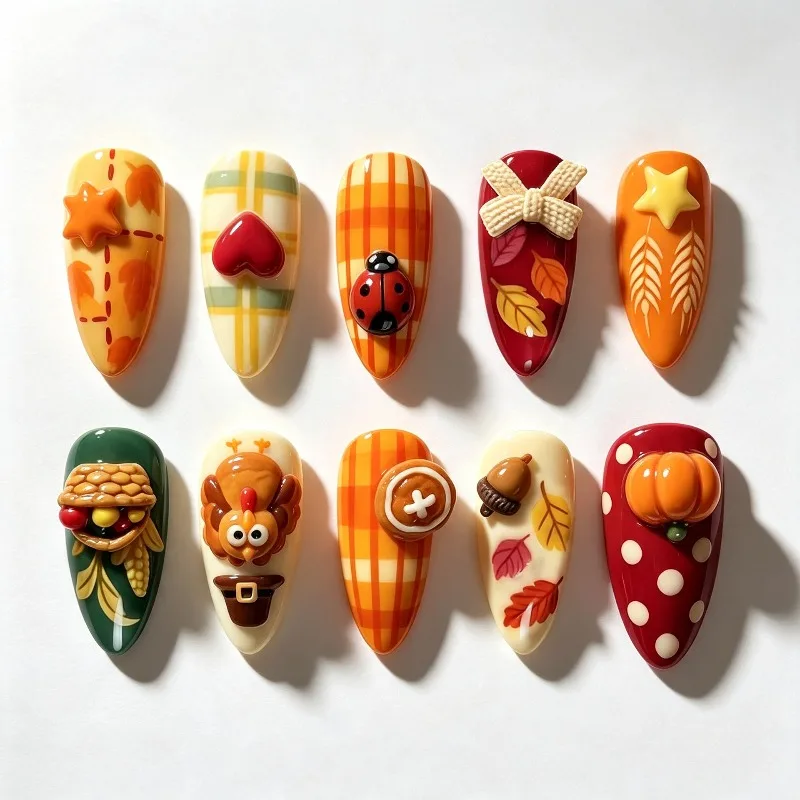 30pcs Press On Nail Tips Fall Winter Thanksgiving 3D Pumpkin Maple Leaf Checkered Almond Shaped Fake Nails Perfect for Girls