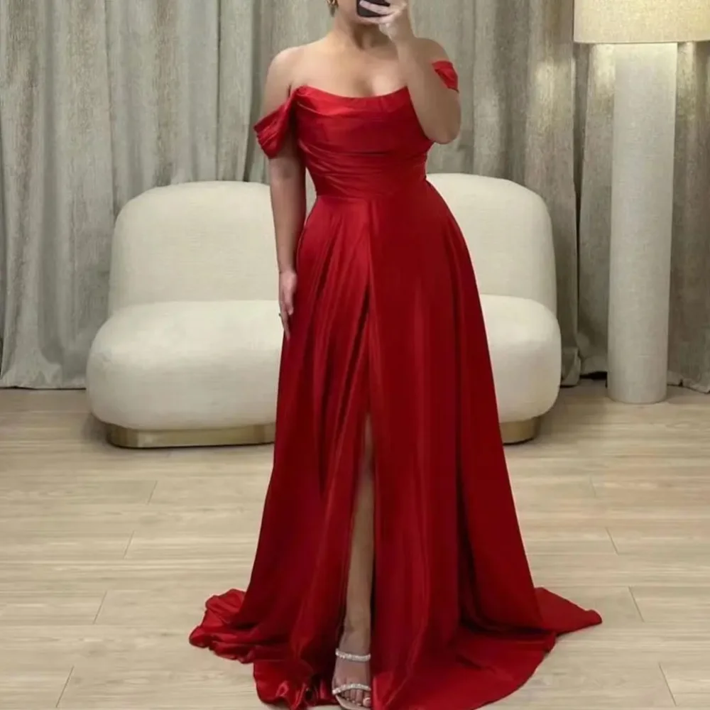 Simple Long Off the Shoulder Satin Evening Dresses Short Sleeves with Slit A Line Floor Length  فساتين مناسبات