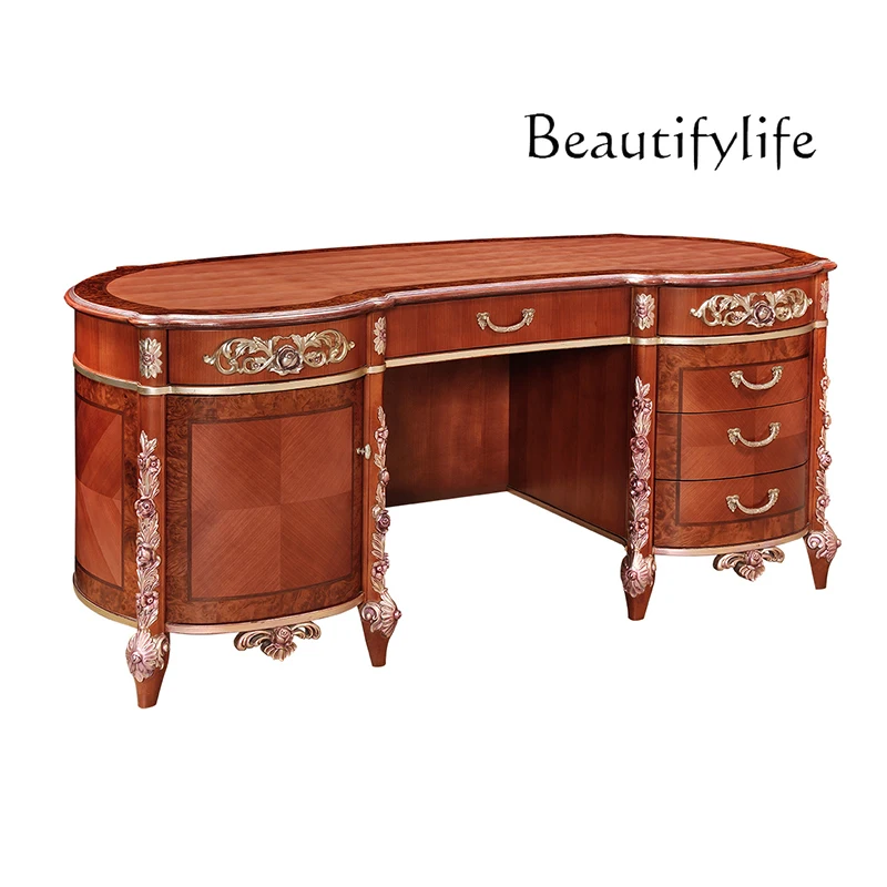 classical solid wood carving flower office table villa large household desk bookcase combination