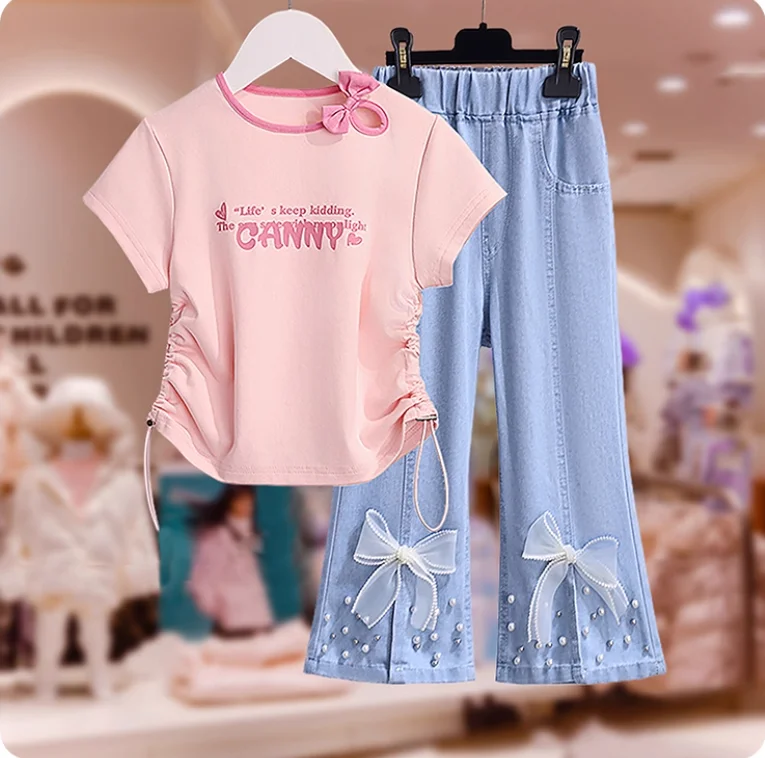 

Girls' Summer Outfit Set Short Sleeved Denim Seven Quarter Pants Two-piece Set