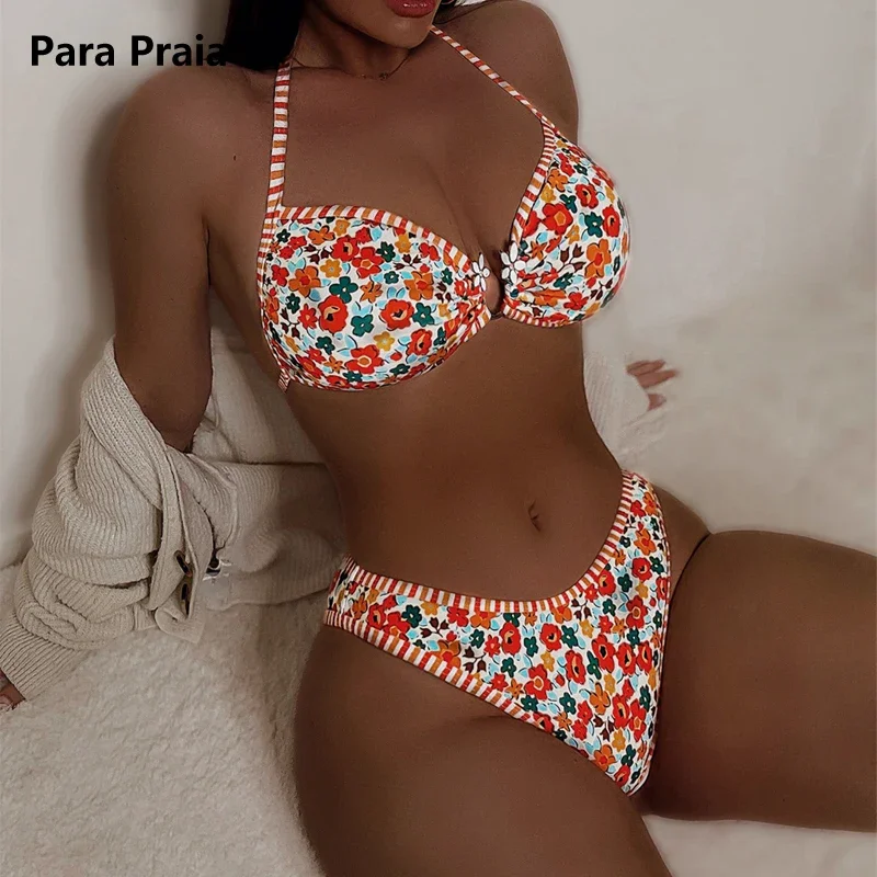 

Para Praia Halter Floral Printed High Waist Swimsuit 2025 Women Bikini Set Female Swimwear Bathing Suit Backless Beachwear