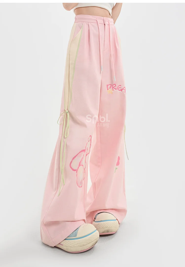 2025 Summer New Women's Sweet Style Pink Bear Print High Waist Slim Fit Versatile Casual Cotton Wide Leg Pants
