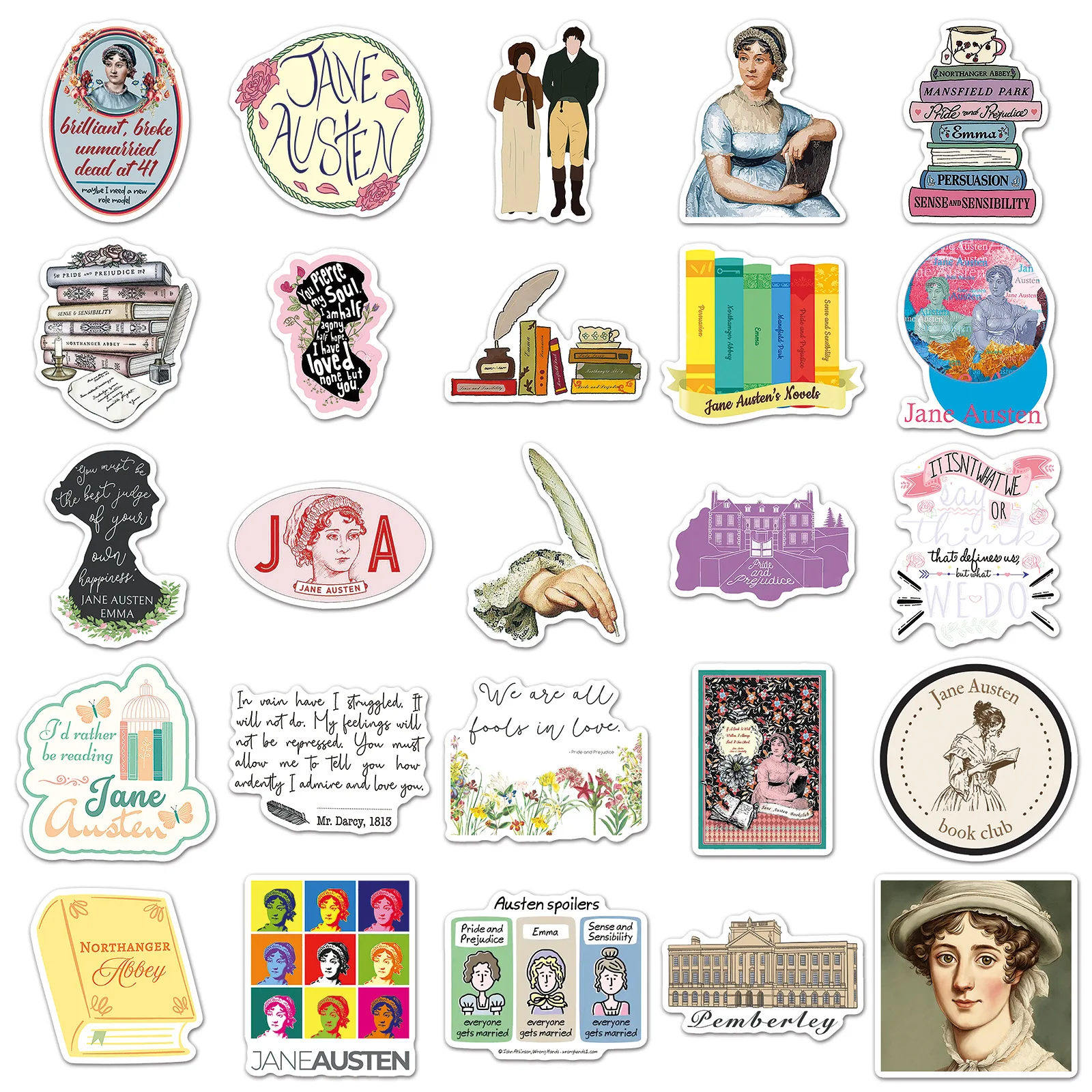 50 pezzi di adesivi scrittore Jane Austen adesivi graffiti in stile artistico personalizzato giocattolo per custodia per telefono da scrivania per bagagli