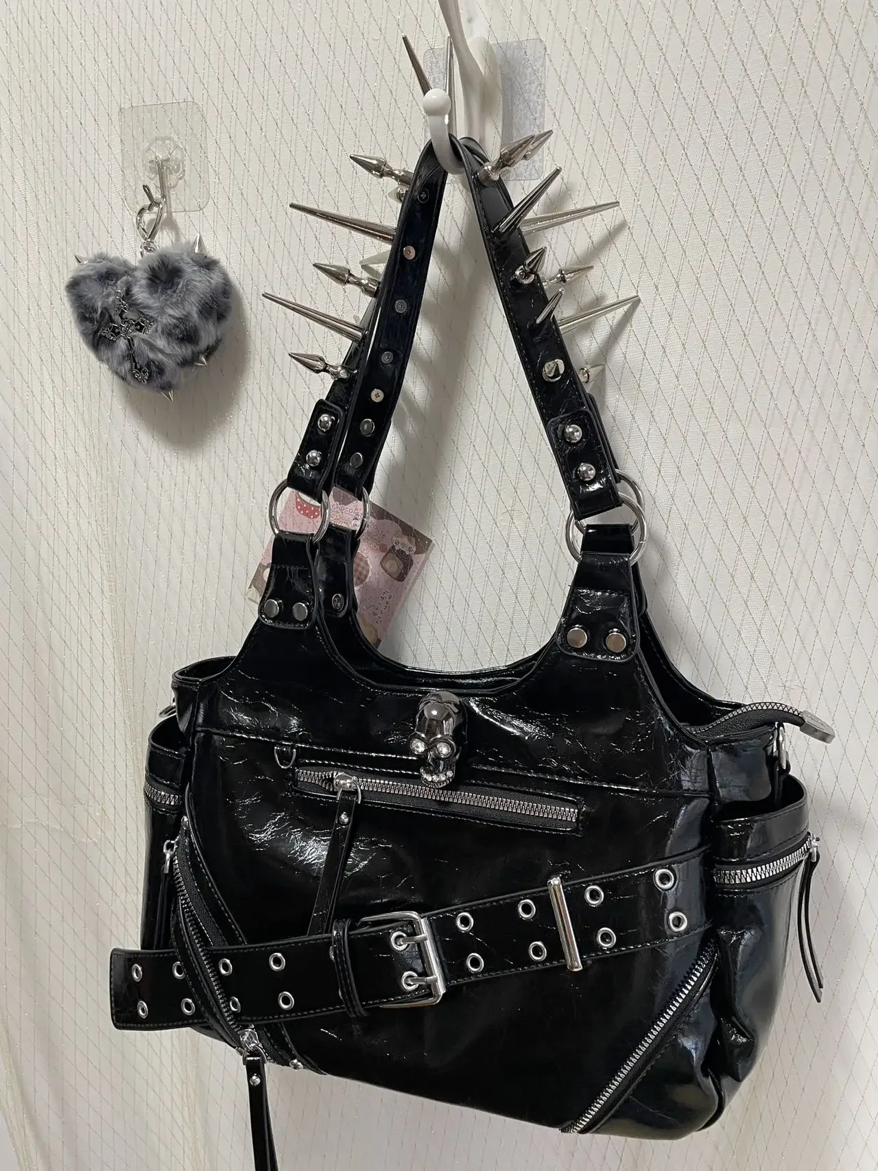 Black Faux Leather Punk Purse Y2K Alt Streetwear Gothic Spiked Skull Shoulder Bag