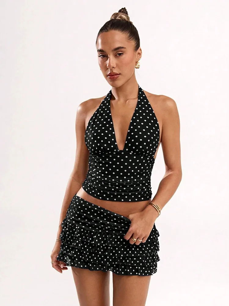 

SKMY Women Clothing Sexy Party Clubwear Polka Dot Printed Halter Neck Crop Tops And Ruffles Mini Skirt Two Piece Sets Outfits