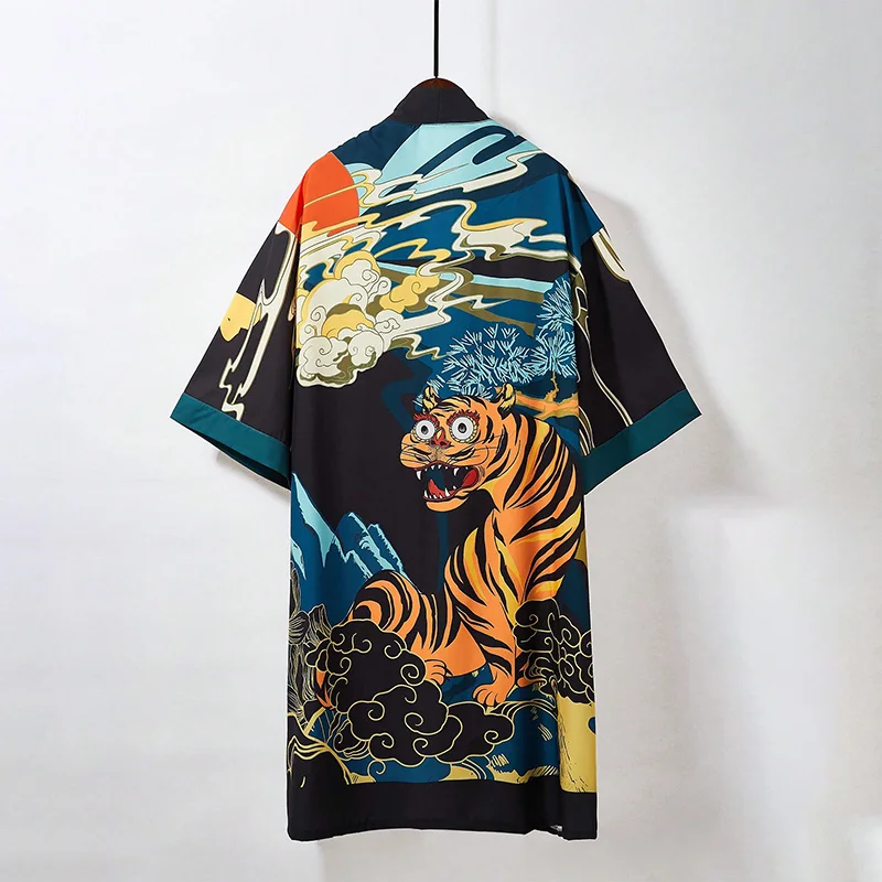 الأوروبية والأمريكية الموضة فضفاضة الرجعية النمر طباعة منتصف طول كيمونو سترة Haori سترة الصيف حجم كبير عطلة الشاطئ نمط قطعة واحدة ملابس السباحة التستر ملابس الحماية من الشمس