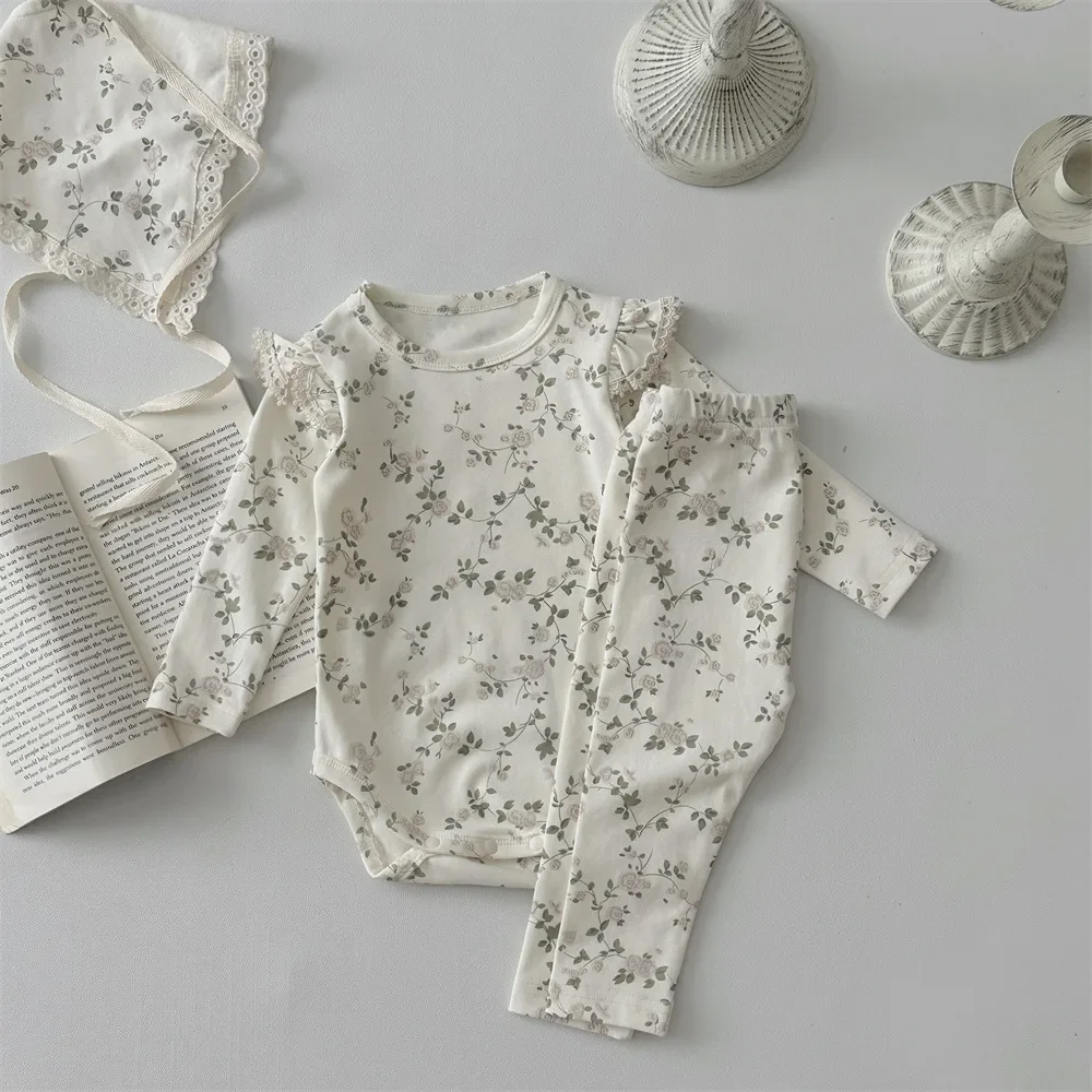 MILANCEL 3Pcs New Autumn Baby Pajamas Suit 0-24M Infant Girls Floral Print Home Clothes Bodysuit+Pants+Burp Cloth Underwear Set