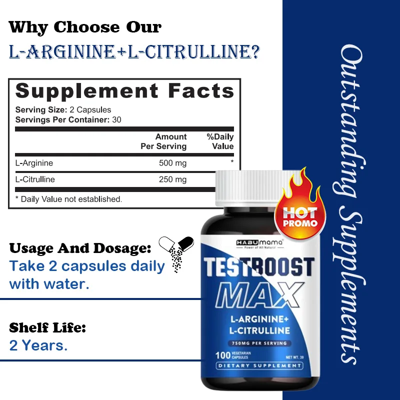 750 MG L-Arginine + L-Citrulline Supplements, High Potency, Supports Energy, Enhances Libido, Stabilizes Mood