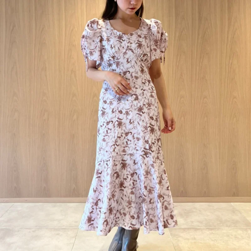 

New Sweet Print Vinatge Long Dresses Women V-neck Puff Short Sleeve Dress Elegant 2024 Bandage Designed Vestidos Mujer