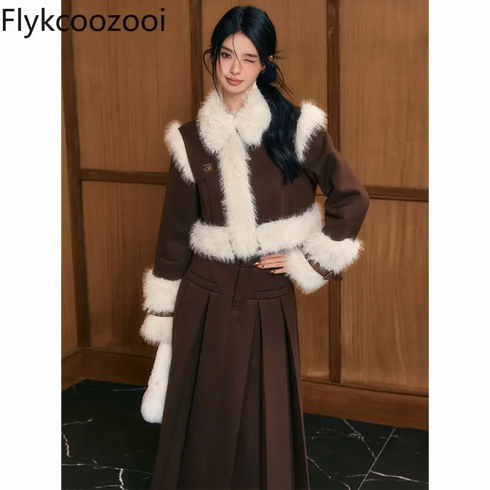 Palace Style Fur One Coat Pleated Half Skirt Retro Feeling Two Suits Women Winter Vintage Costume Deux Pieces Femme