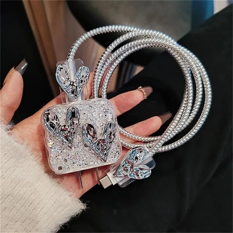 Luxury Glitter Love Heart Silicone Charger Cover For IPhone 11 12 13 14 15 18W-20W Clear Charge Protection Cover Charger Sleeve