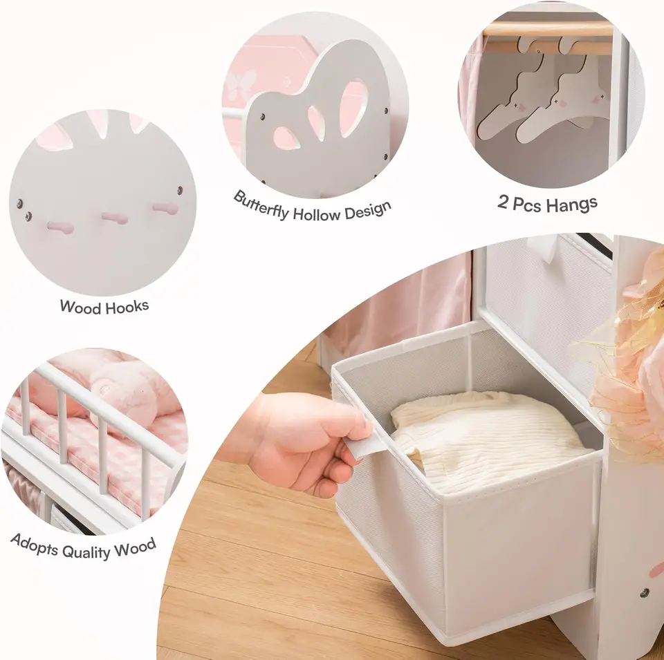 Cama Con Armario Para Muñecas De Madera – Multifuncional Con Perchas, Cortina Y Cajas De Tela, Para Muñecas De Hasta 53 Cm (Rosa)